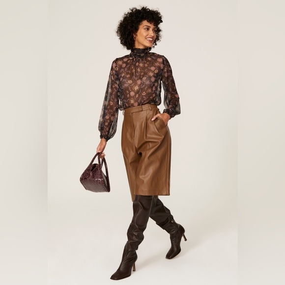 MISA Los Angeles Lulu Floral Top XS blouse long sleeve sheer tie bow black mock - Picture 2 of 16